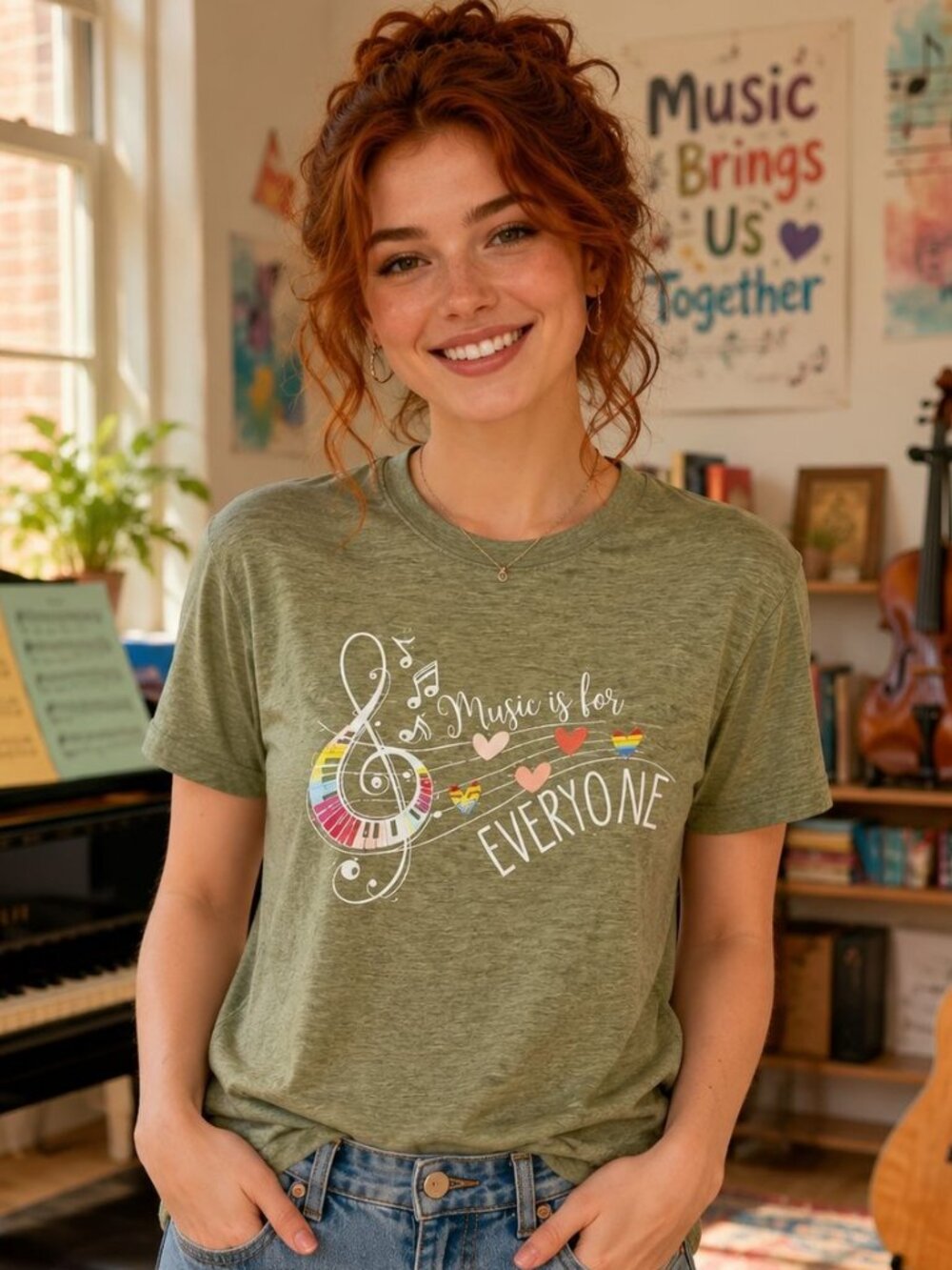 Music Is For Everyone Tee Size L Heathered Olive Treble Clef Piano Graphic